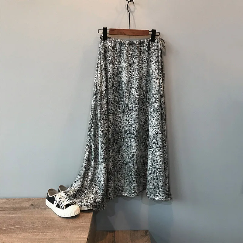 

2021 High-Waisted skirt Women Elegant Satin Skirt Chic Leopard A-Line Ladies Vintage Long Skirts Summer Casual Bottom Female