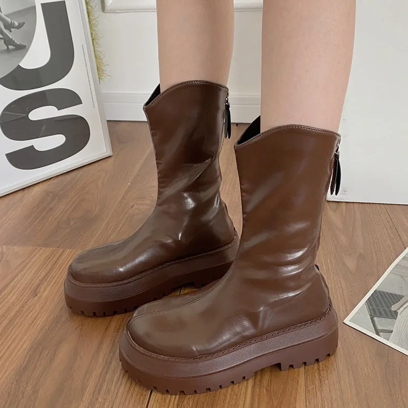 

Lucyever Chunky Platform Mid Calf Boots Women New Non-slip Short Plush Winter Woman Back Zipper Thick Sole Pu Leather Shoes