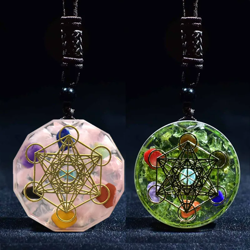 

Round Metatron Cube Women Unisex Olivine Cosmic Energy Center Sign Flower Of Life Sacred Geometry Orgone Pendant Necklace