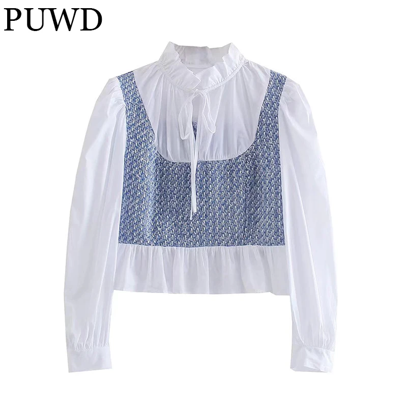 

PUWD Fashionable Women Stitching Textured Pleated Lace-up Short Blouse Fall 2021 Casual Ruffle All-match Slim Female Chic Shirts