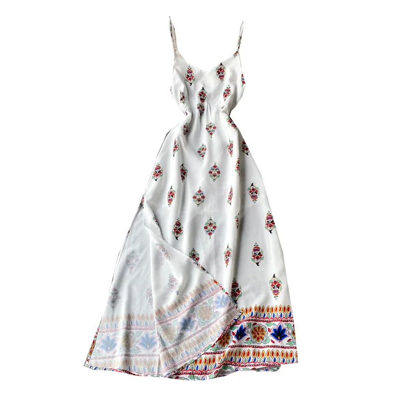 

Ethnic V-neck sexy open back suspender Chiffon Dress Thailand Holiday Beach skirt travel photo long skirt split