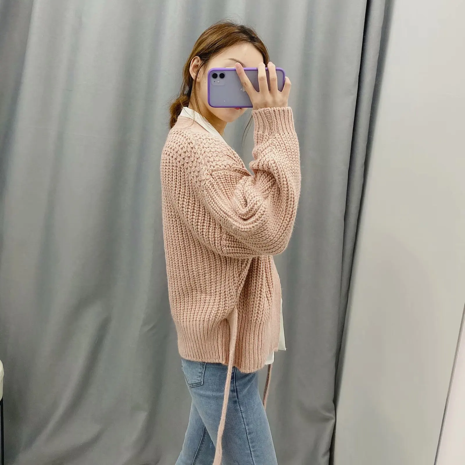 

2020 New Women Sweater Gray Beige Pink Solid Kinitted Cardigan Sashes V-Neck Sweater Casual Loose Style Female Clothes