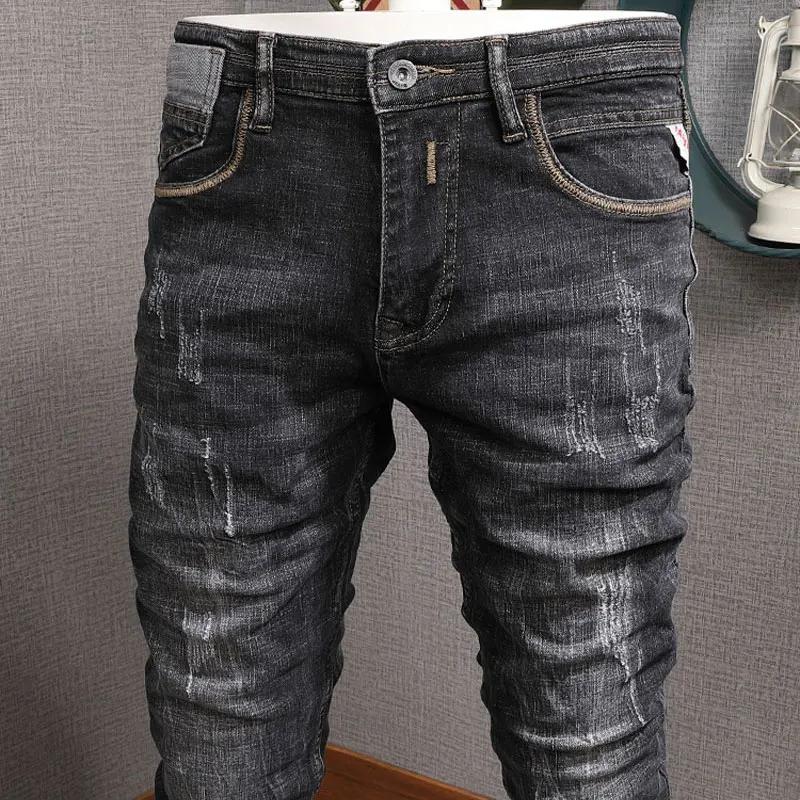 European Vintage Fashion Men Jeans Retro Black Gray Elastic Cotton Slim Fit Ripped Jeans Men Distressed Designer Denim Pants