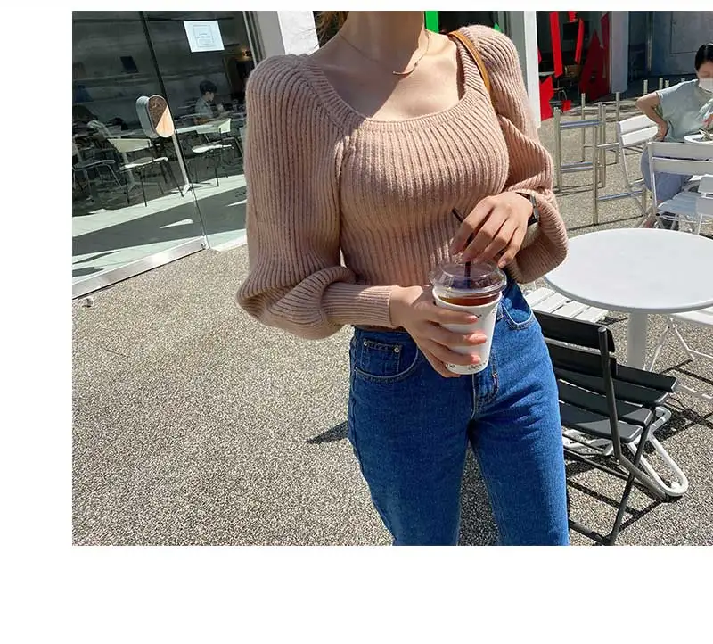 

Solid Fashion Tops 2021 Autumn Winter Female Ladies Jumpers Korean Puff Sleeve Knitted Sweater Pullover Women Square Collar