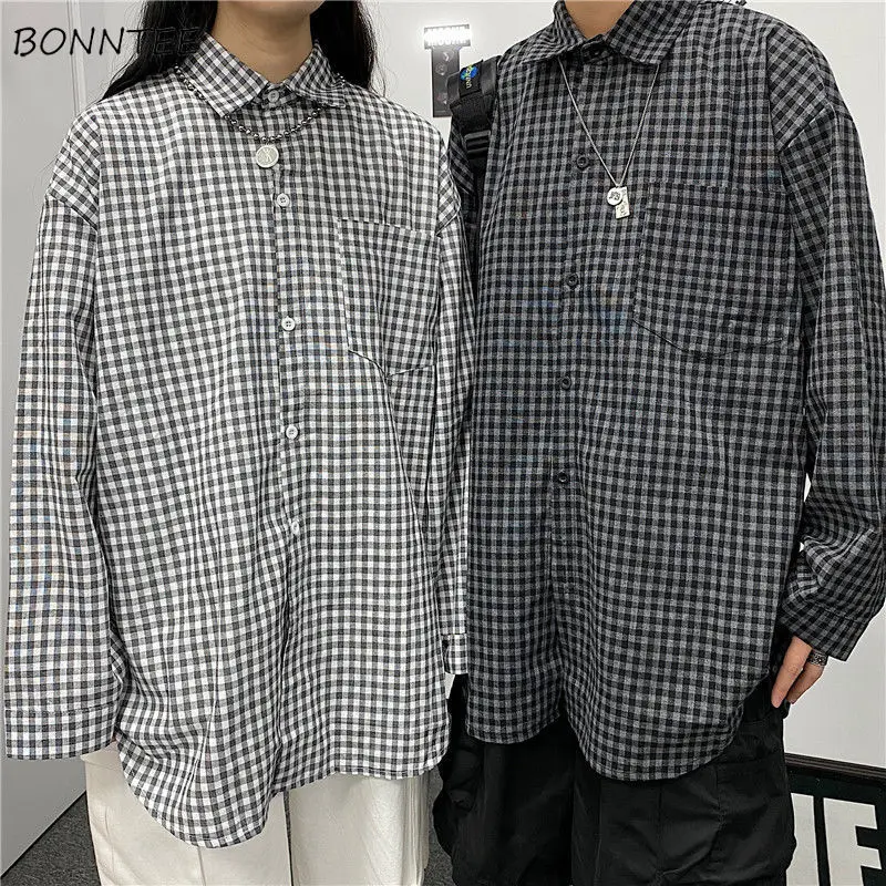 

Plaid Women Shirts Leisure Single Breasted Unisex Long Sleeve All Match Retro Couple Harajuku Korean Style Students Chic Top Ins