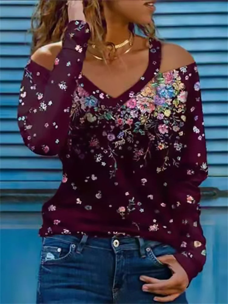 Женская Винтажная футболка с цветочным принтом элегантная повседневная длинным