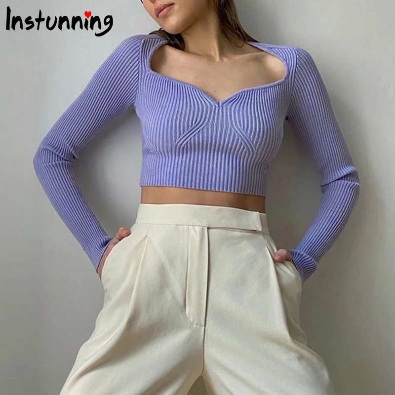 

Instunning Long Sleeve Crop Top Solid Sexy Knitted Clothing Fashion Streetwear Female Casual Women's T-shirts Autumn Cropped Top