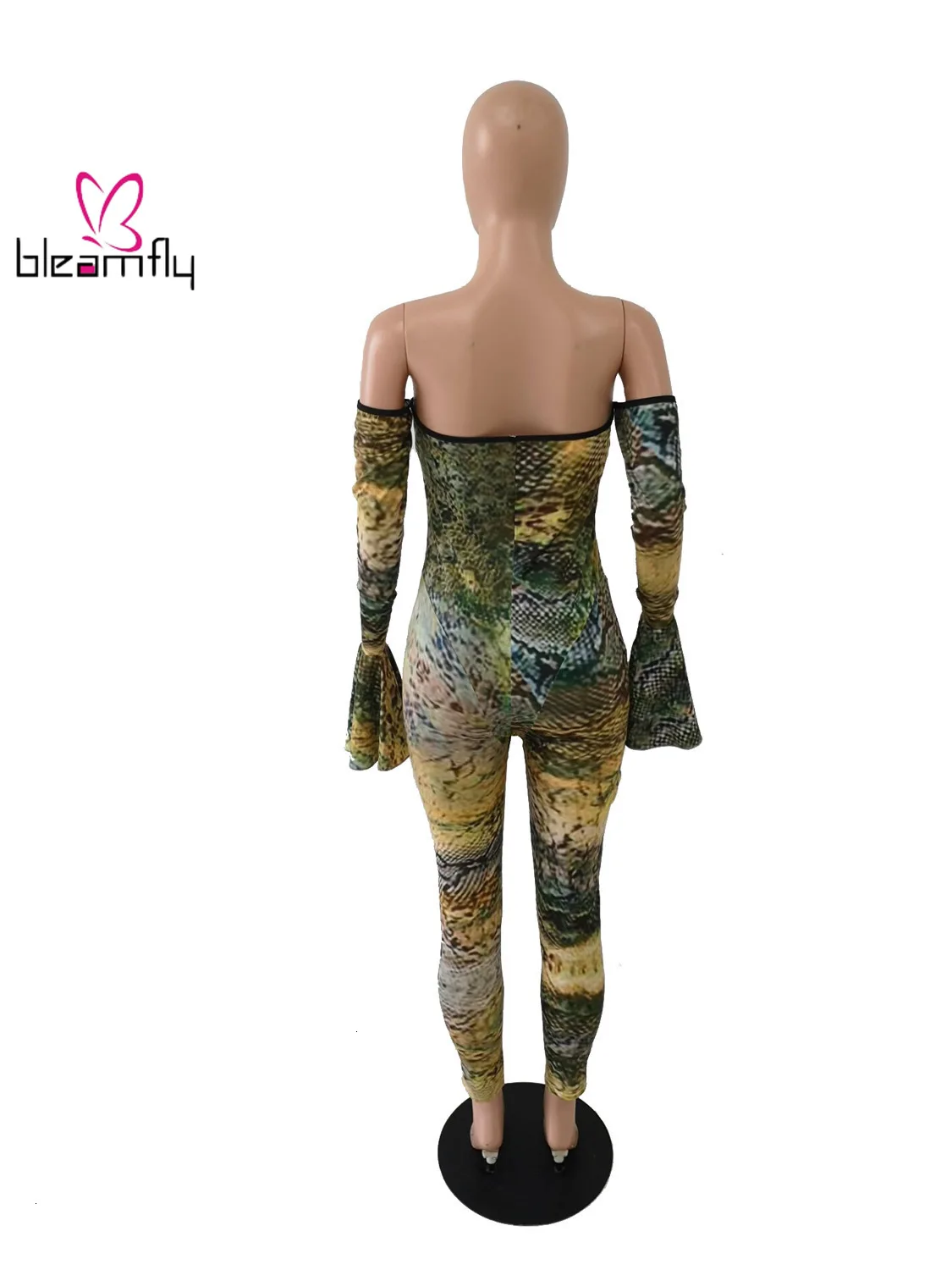 2019 сексуальный женский комбинезон со змеиным принтом расклешенный боди с