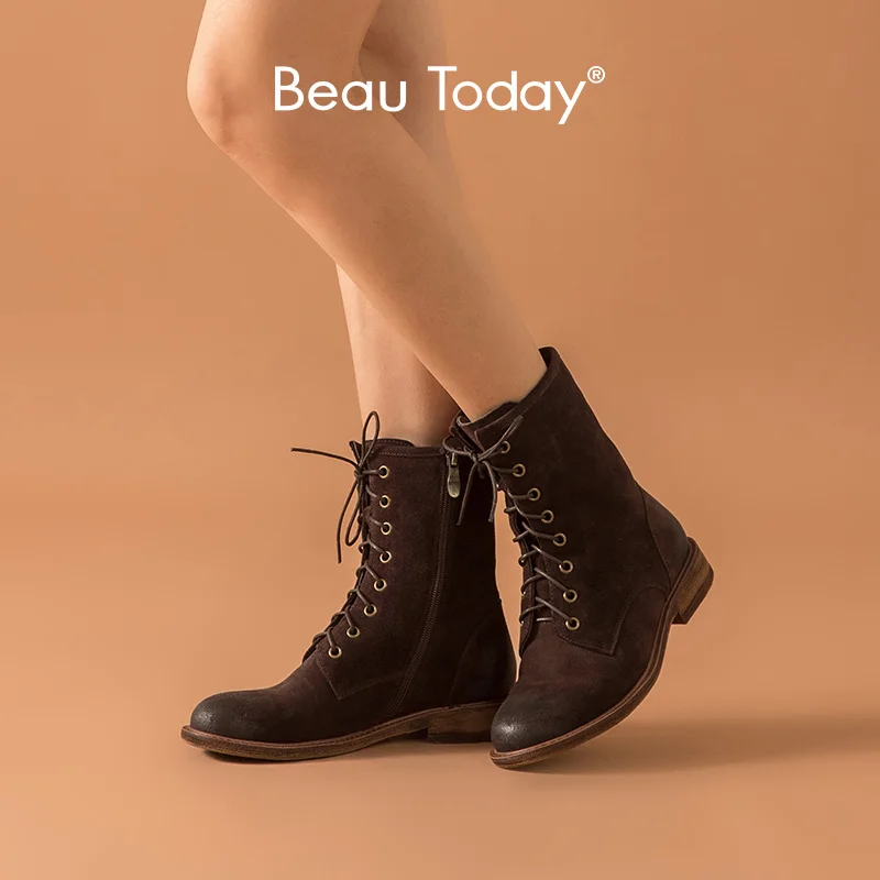 BeauToday/модные женские ботинки из коровьей замши ботильоны на молнии со шнуровкой и