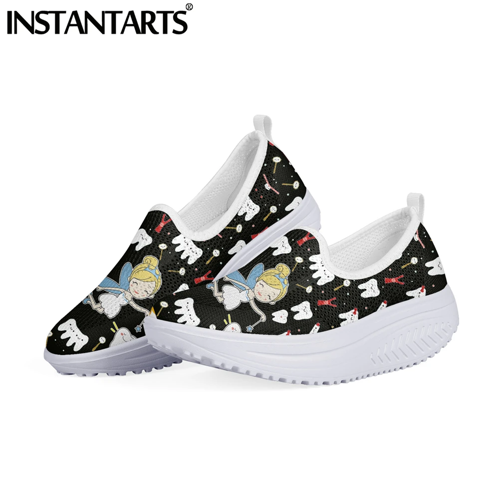 

INSTANTARTS Summer Cool Breathable Mesh Swing Sneaker Pretty Tooth Angel Cartoon Pattern Platform Shoes Casual Slip-on Loafers