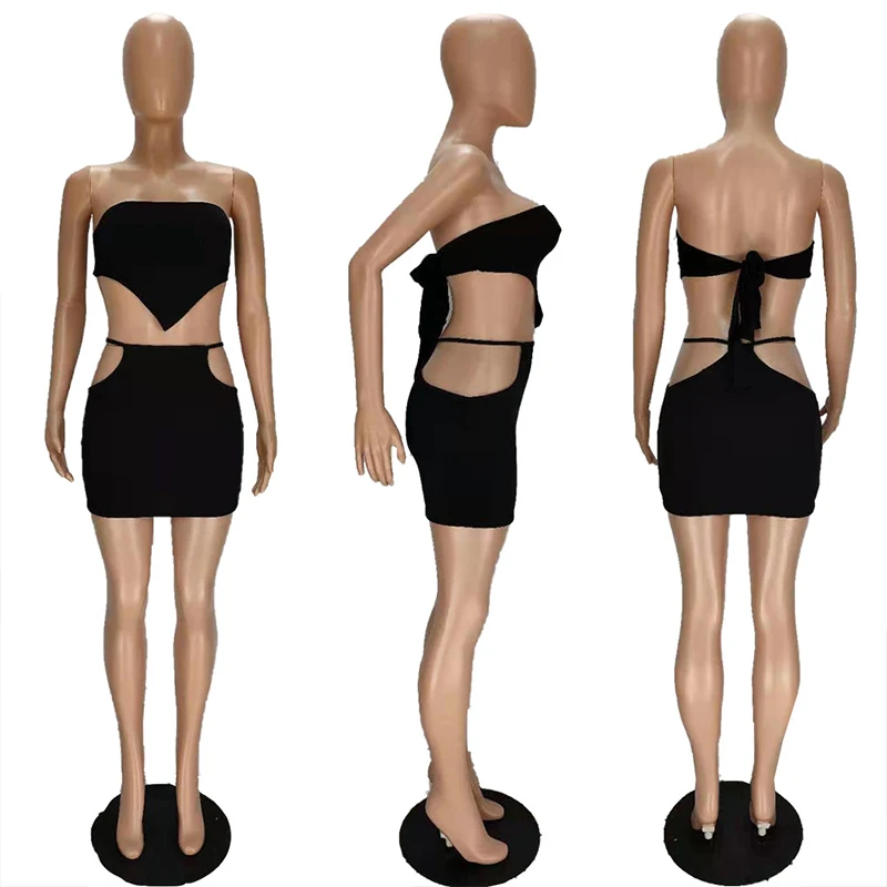 

ZKYZWX Sexy Two Piece Set Off Shoulder Crop Top Bodycon Hollow Mini Dresses Summer Outfits for Women Night Clubwear Matching Set