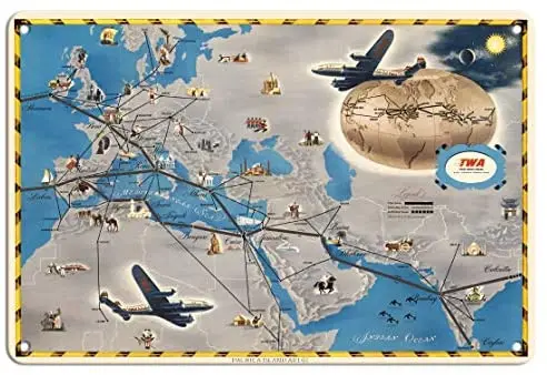 

Карта авиаперевозок Европы, Африки, Азии-TWA (транс-мировые авиалинии)-авиакомпании с. Металлический жестяной знак