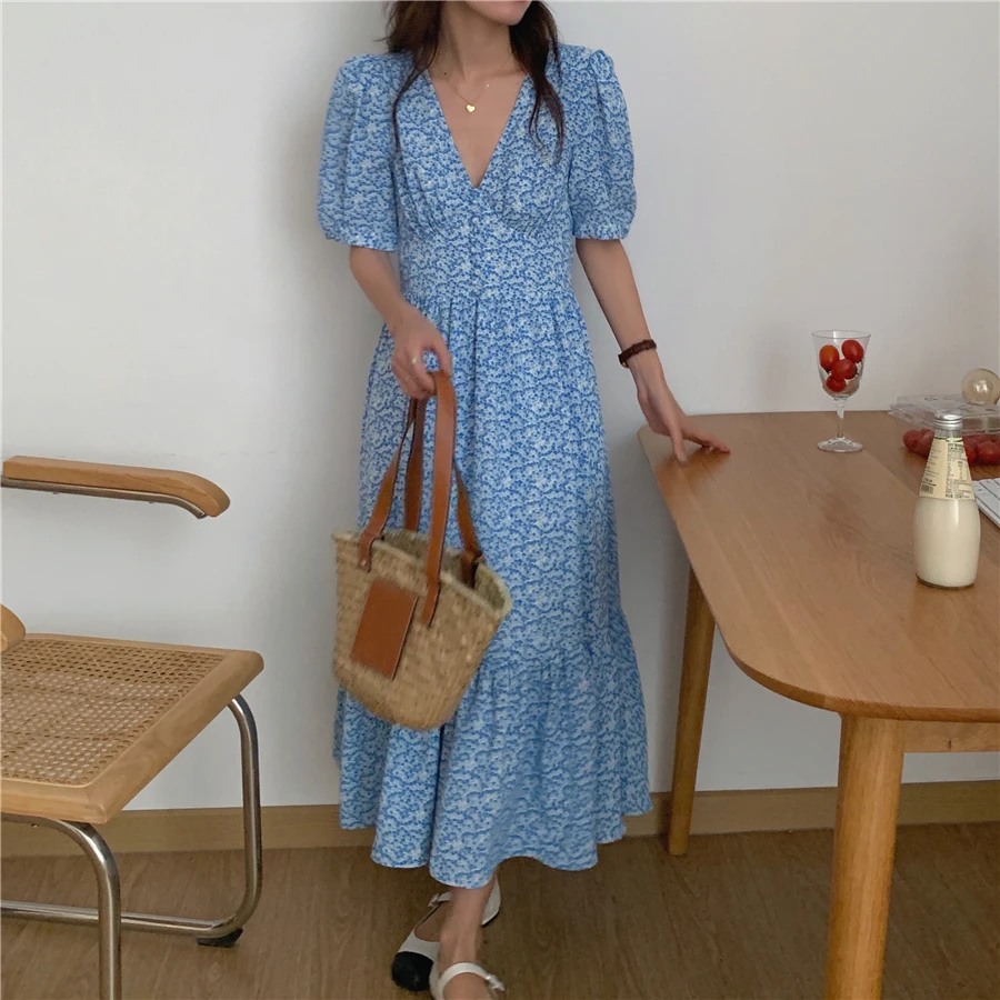 

Summer Elegant Deep V-neck Printing Chiffon Woman Short Sleeve Woman Casual Long Dress YOU426