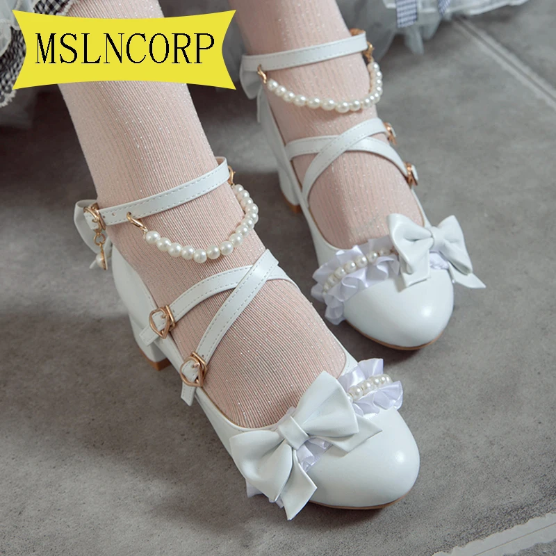 

Plus Size 34-43 Wedding Shoes Women Shoes Spring Bow Lolita Pearl Cross Wrist Strap Buckle Women's Shoes Single Shoe Woman Pumps