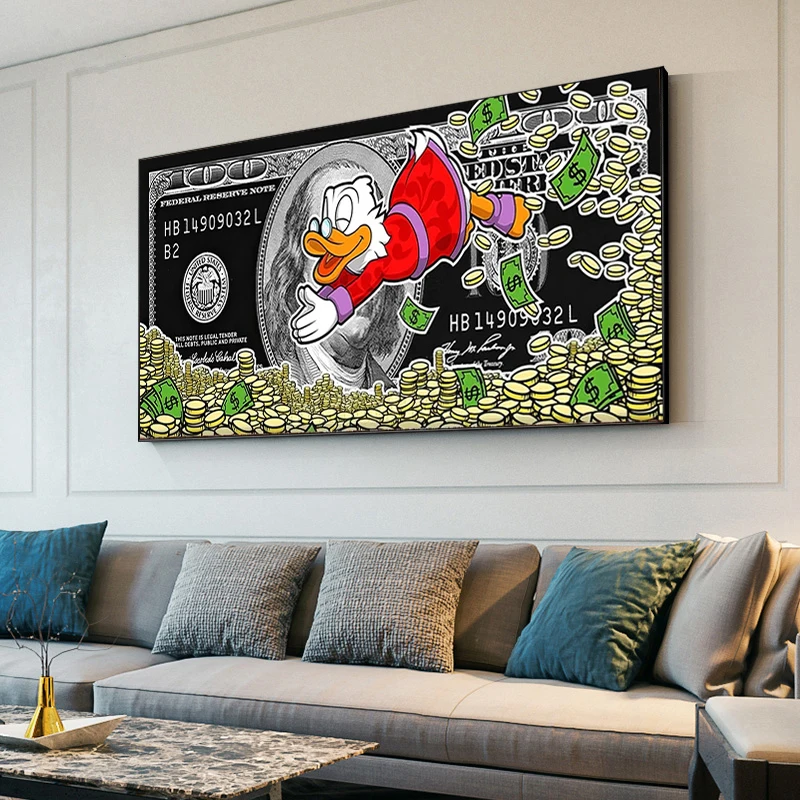 

Cartoon Canvas Head Mcduck Wall Art Money Press 100 Dollar Bill Canvas Art Wall Art Decor Painting for Living Room