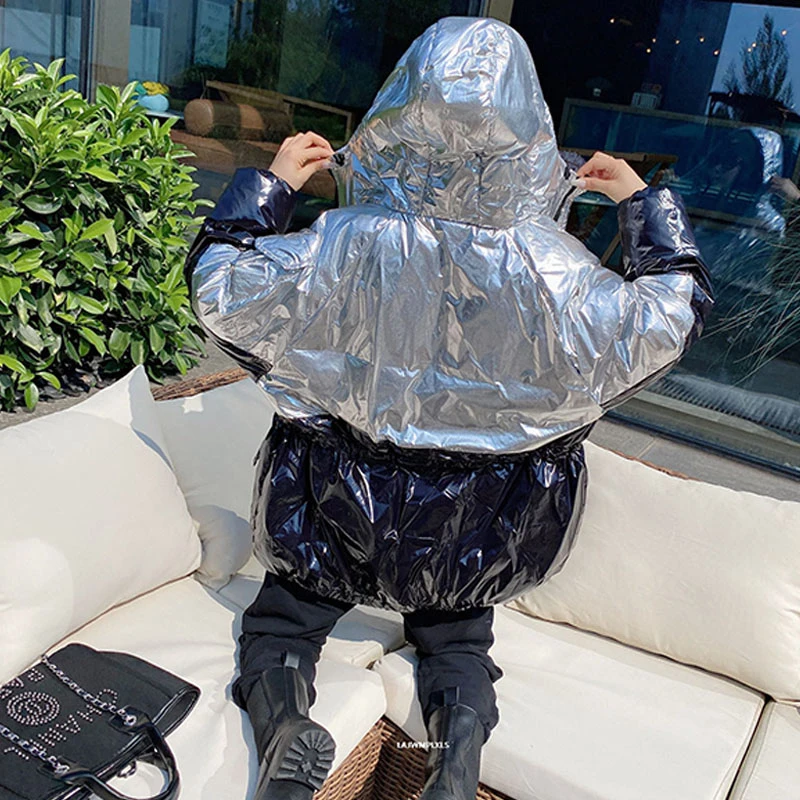 

2021 New Glossy Fluorescent green/sliver Bright Winter Down jacket women Parka Zip large size Warm Thick women Hooded Coat YR08