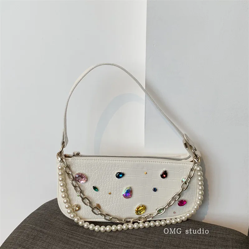 

Fashion Colorful Diamond Women Baguette Handbags Pearl Chain Ladies Underarm Shoulder Bags PU Leather Girls Evening Clutch Purse