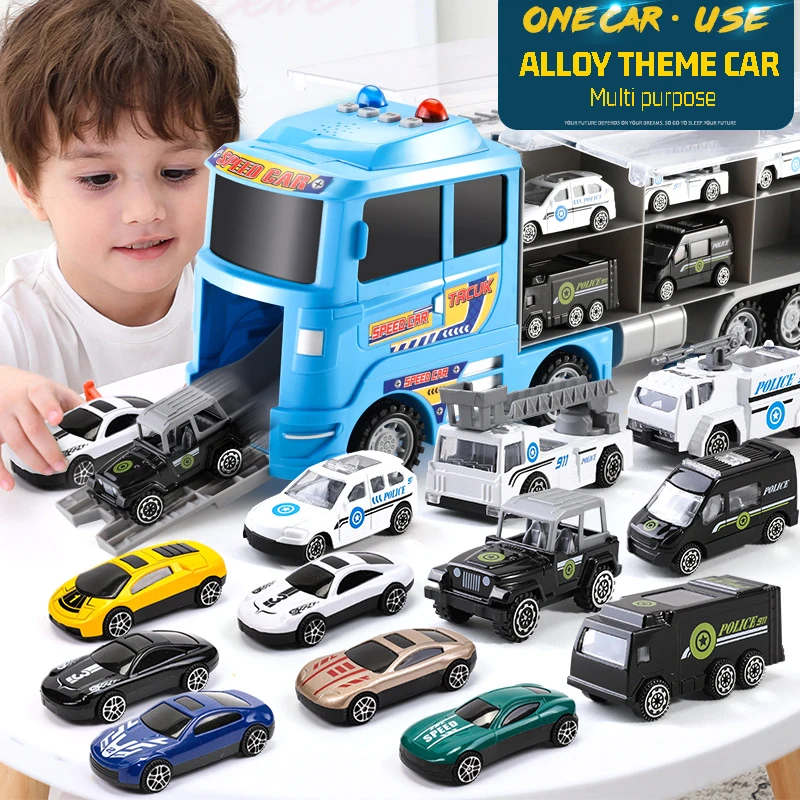 

Portable Children Car Park Alloy Engineering Fire Police Truck Suit Toy Model Alloy Rail Car Boy Assembled Eudcational Toy