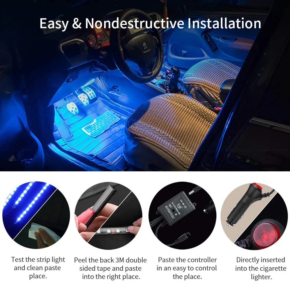 

Car Led Strips Light RGB Tape 36 LED Foot Lamp 12V Automatic Interior Decorative Light with USB APP Wireless Remote Control Mode