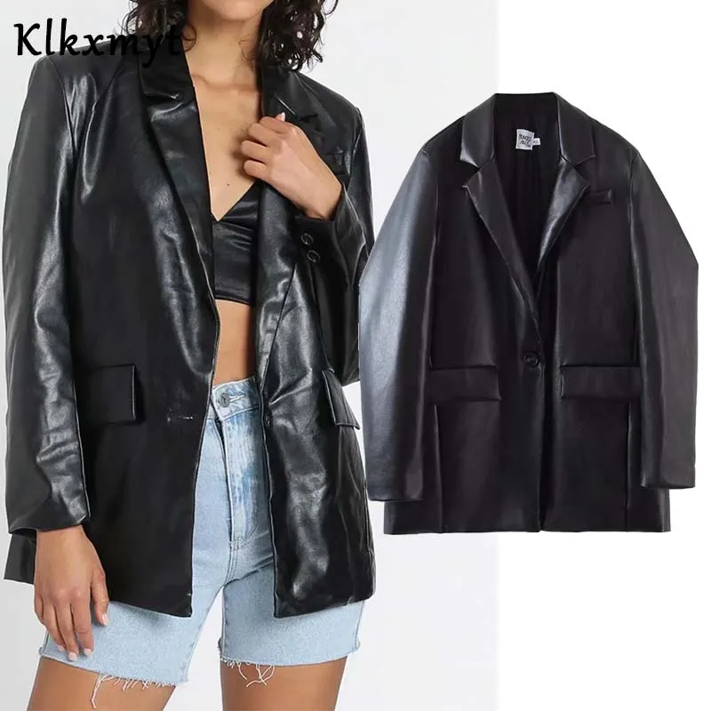 

Klkxmyt ZBZA Women 2020 Fashion Single Button Faux Leather Jacket Coat Vintage Long Sleeve Pockets Female Outerwear Chic Tops