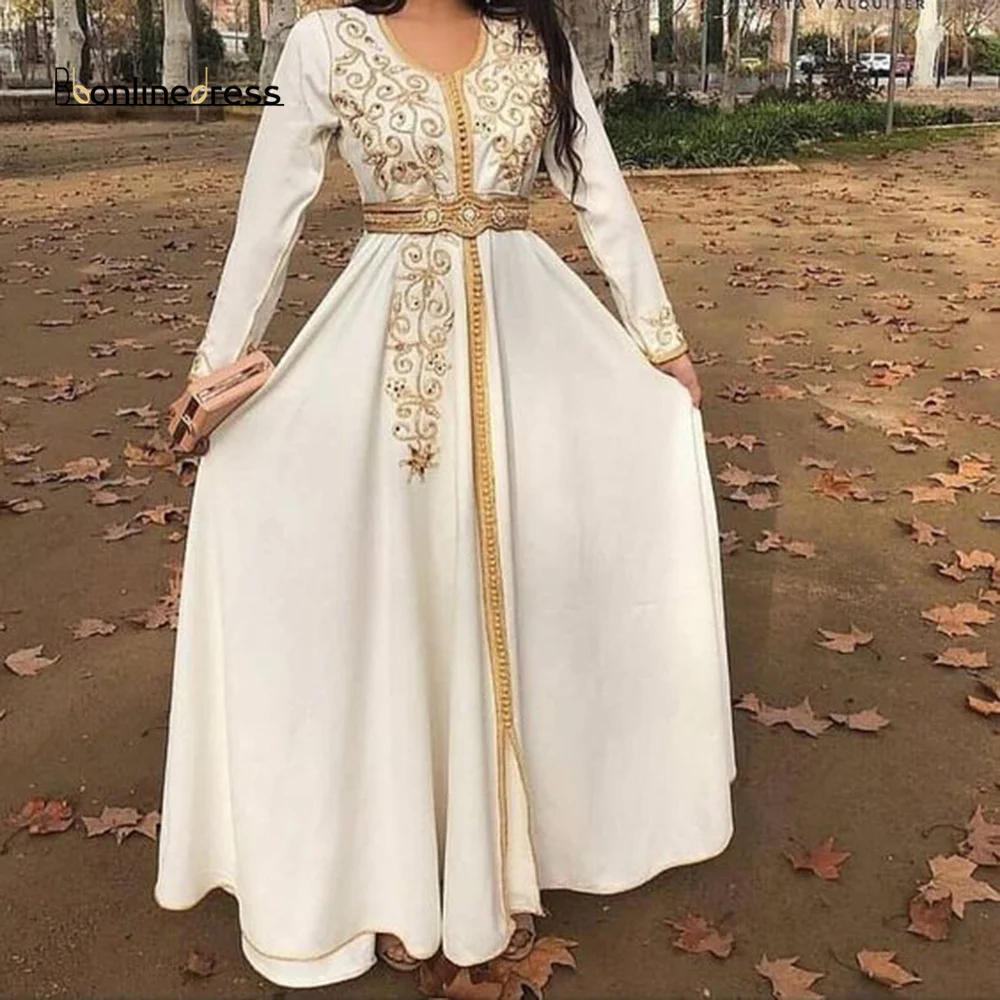 

Bbonlinedress O Neck Moroccan Kaftan Dress Long Sleeves Evening Dress Beading Belt Evening Gown Button Sweep Train Prom Dress