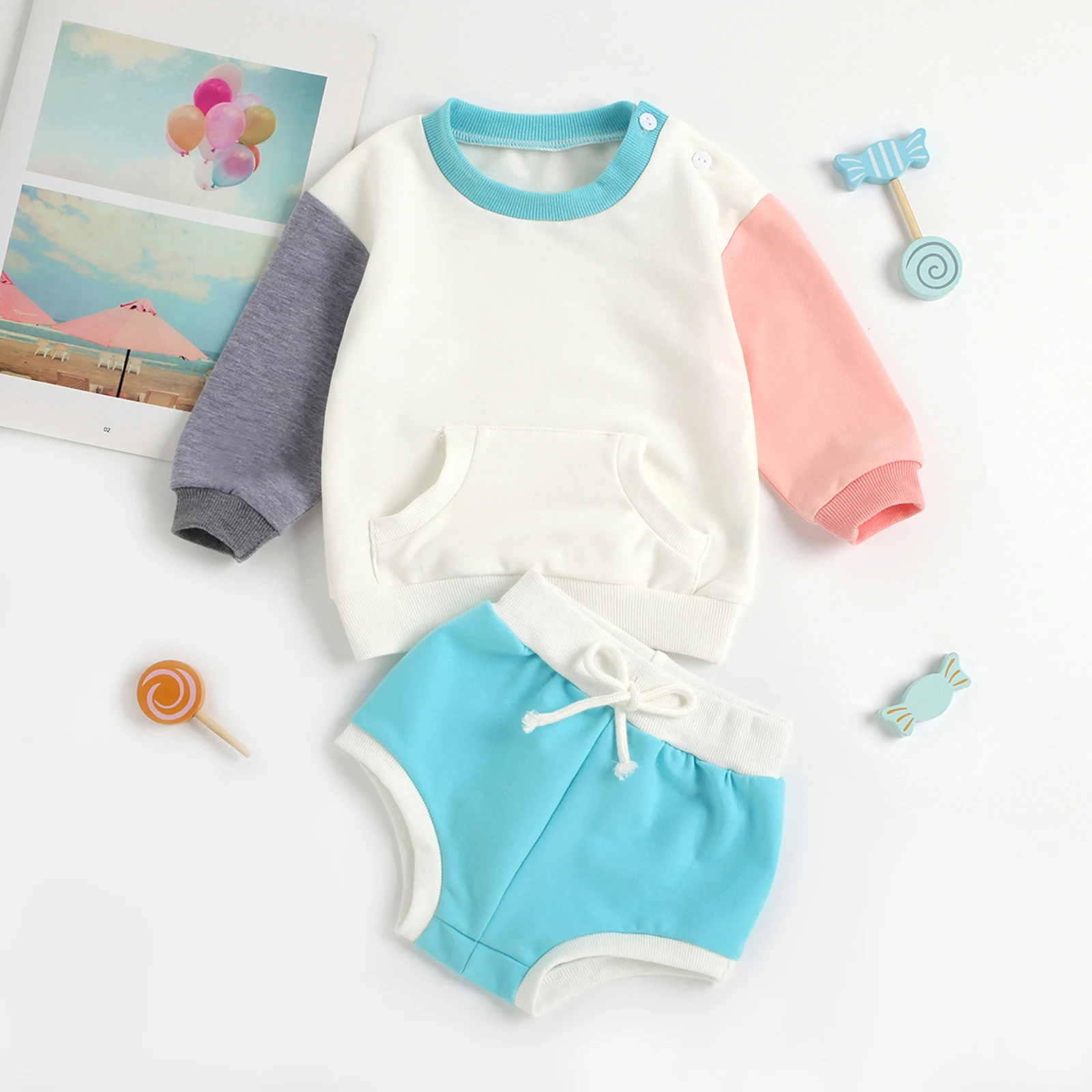 

Повседневный костюм из двух предметов для малышей, разноцветный пуловер с круглым вырезом и шорты, для 0-24 месяцев