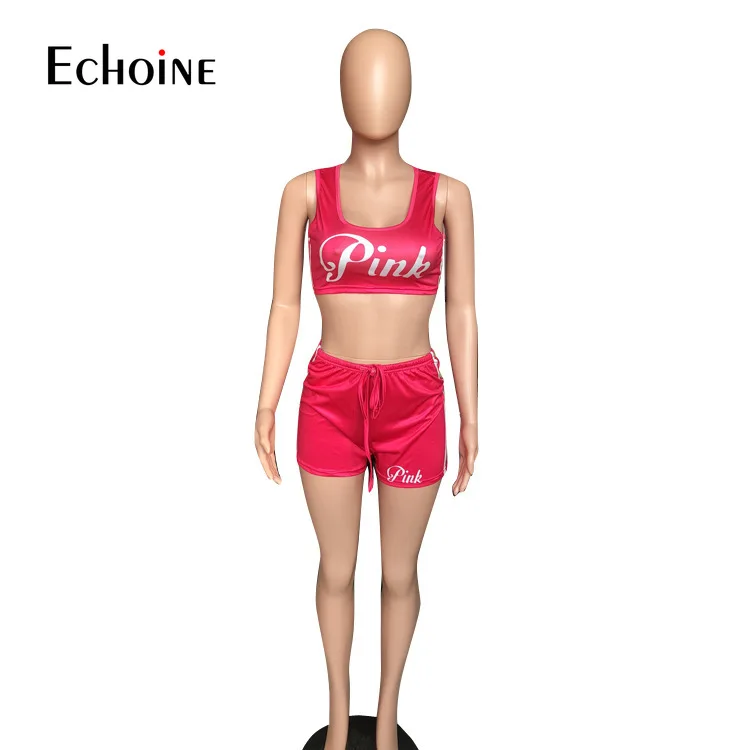 

Echoine Women 2021 Summer PINK Letter Print Skinny Jogger Bandage Suits 2 Two Piece Set Sport Running vest Top And Pant Sets