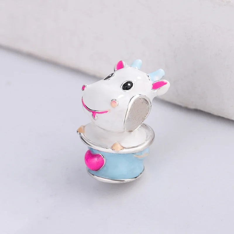 925 Sterling Silver Beads Charm Enamel Cartoon Cute little white cow Charms for Jewelry Making |