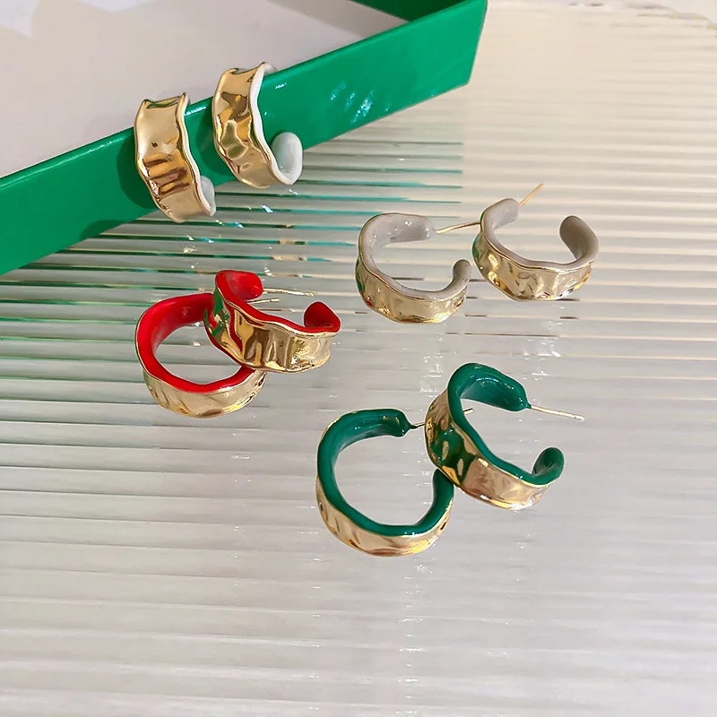 

New Vintage Green Red Enamel Gold Color C Hoop Earrings For Women Fashion Bijoux Temperament boucle oreille femme