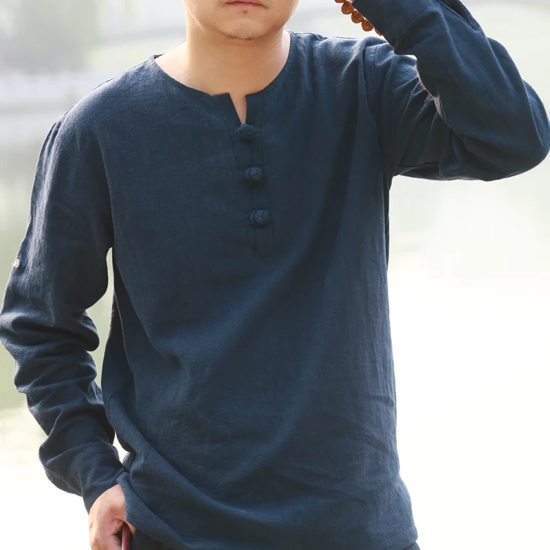 

Original Men’s Casual T-Shirt Round Neck Loose Spring and Autumn Jacket with Long Sleeves Ramie Cotton Linen Big Size