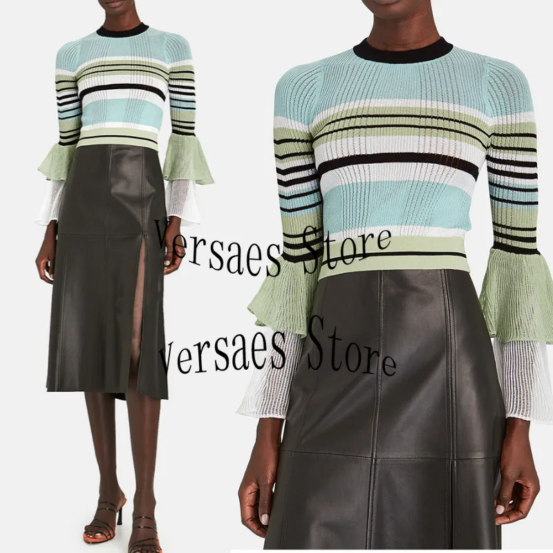 

luxury design early autumn contrast stripe double layer woman elegant knitting top temperament slim trumpet sleeve thin sweater