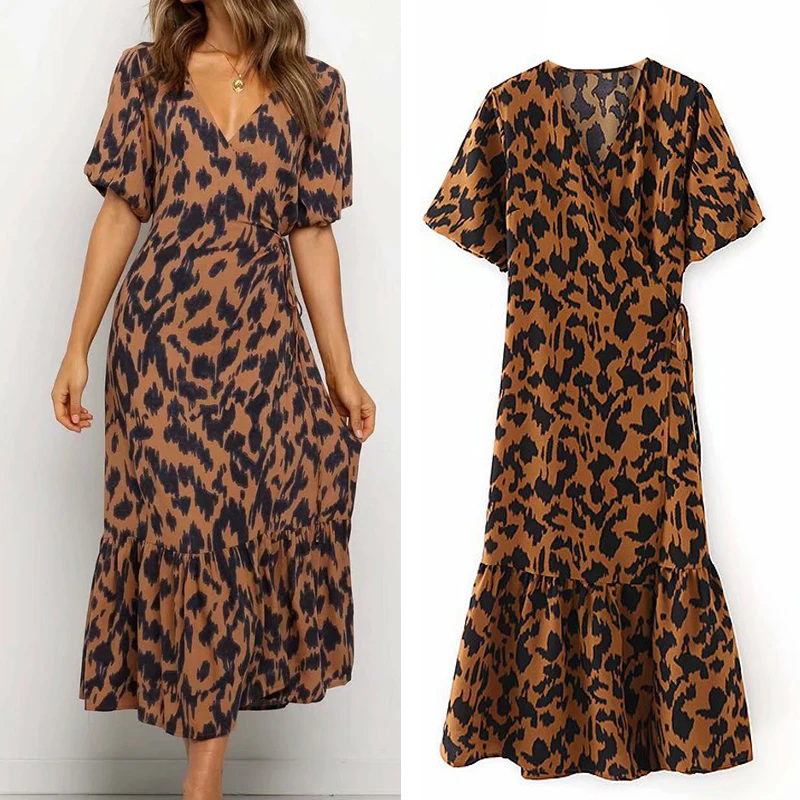 

WESAY JESI Summer Dress Women 2021 Casual Dress Short Sleeve High Quality Vacation Long Skirt Vintage Chic V Neck Leopard Female