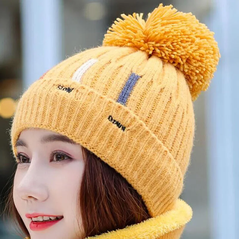 Knitted Hat With Scarf Collars SUOGRY Sets For Women Winter Ladies Hat& Scarf With Pompom Thick Two Piece Keep Snow Warm Set