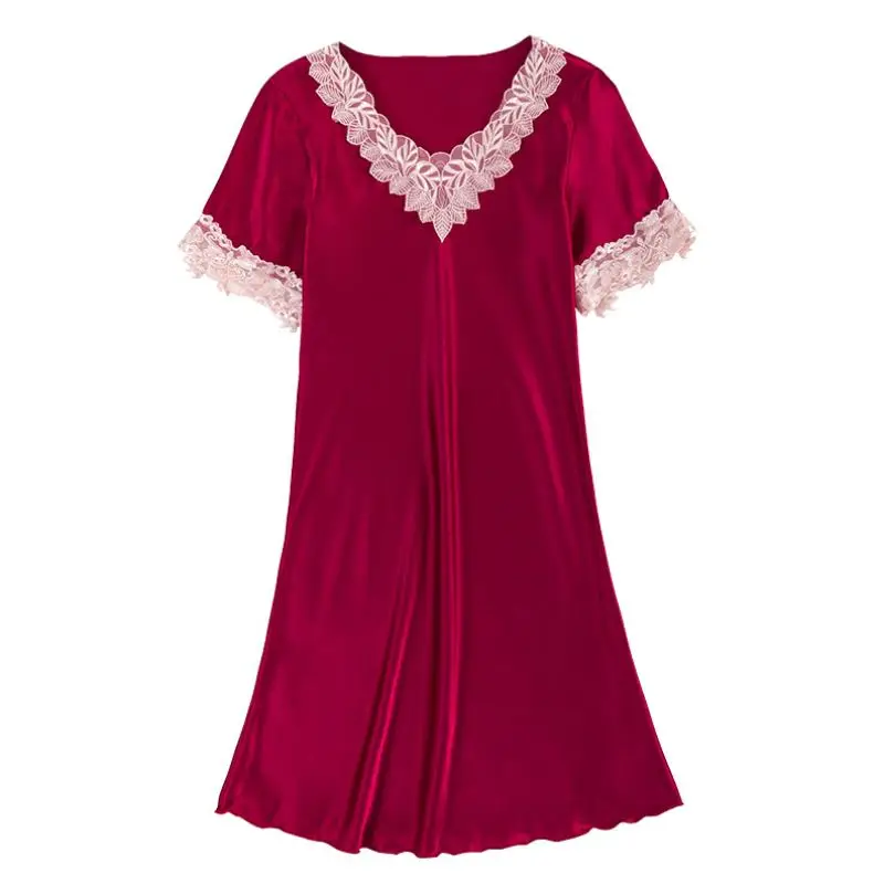 

FITWEE Summer Silk Sleepdress For Female Short Sleeve Lace Bowknot Soft Pajamas Sexy Patchwork V-Neck Nightwear Size M-Xl