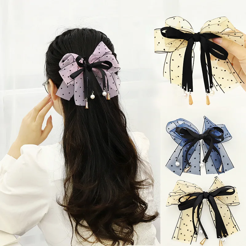 Japan and South Korea small fresh polka dot bow knot hairpin streamer pearl spring clip | Hair Clip