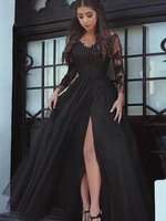black tulle celebrity evening party dresses v neck applique long sleeve prom dess side split sexy backless aso ebi vestidos
