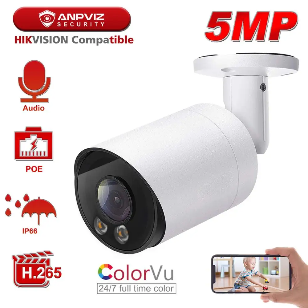 

Hikvision Compatible Anpviz 5MP Starlight Colorful IP Camera POE Bullet Super Security Camera 30m Built-in Mic Audio IP66 Onvif