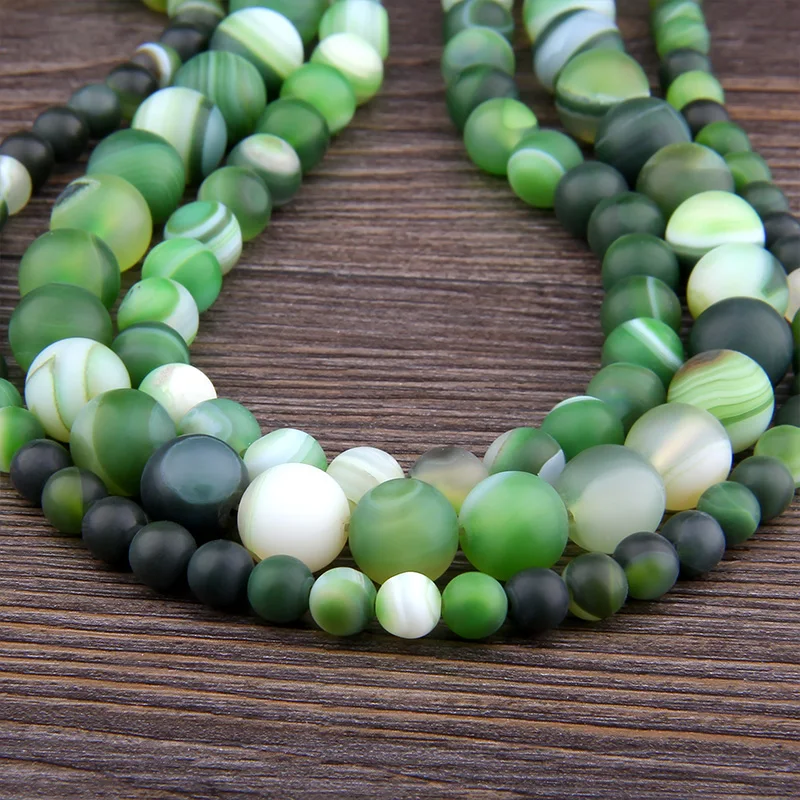 Бусины из натурального камня в полоску Агатовые круглые 4-12 мм зеленые матовые
