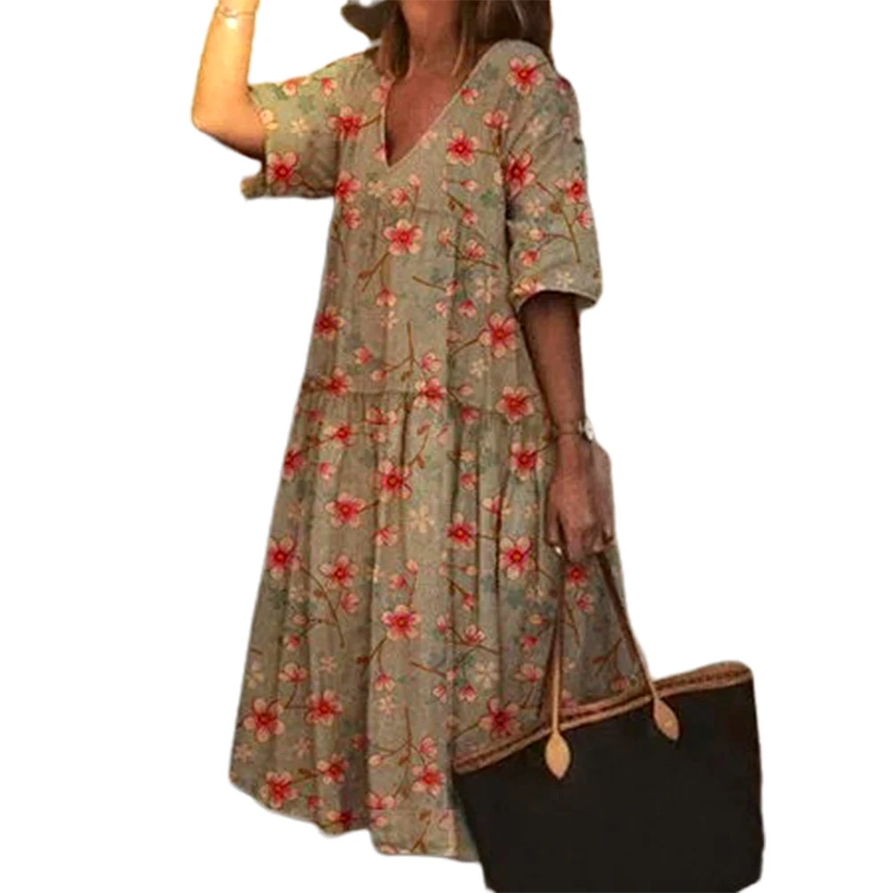 Женское пляжное платье-миди в стиле бохо с V-образным вырезом и коротким рукавом