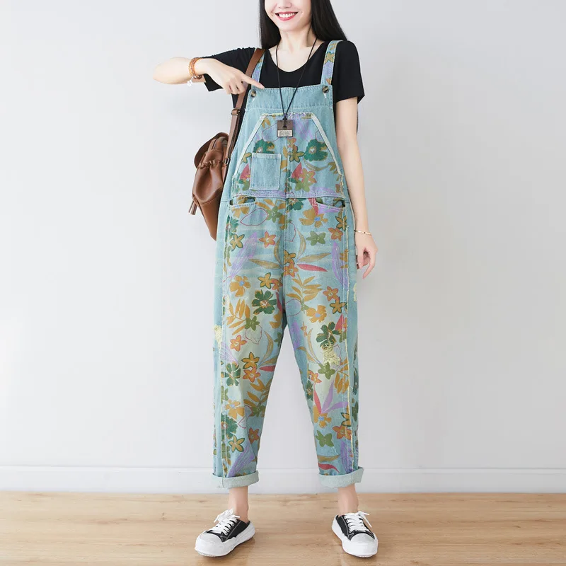 

Big Size Printed Jean Jumpsuits Wide Leg Bib Overalls Women Drop Crotch Denim Rompers Baggy Suspenders Cowboy ripped Trousers