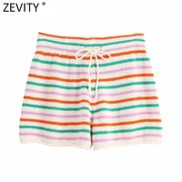 zevity 2021 new women fashion colorful striped knitting summer hot shorts femme chic lace up waist casual pantalone cortos p1112