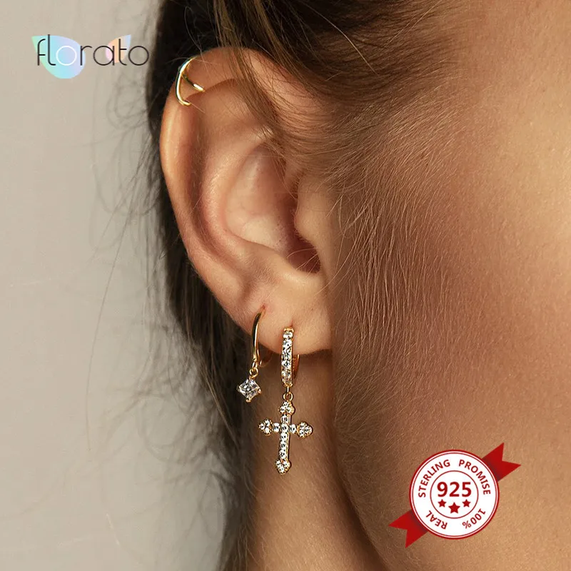 

Fashion Cross Hoop Earrings Punk 925 Sterling Silver Crystal Cartilage Drop Dangle Earrings For Women Jewelry Cool Girl Gift