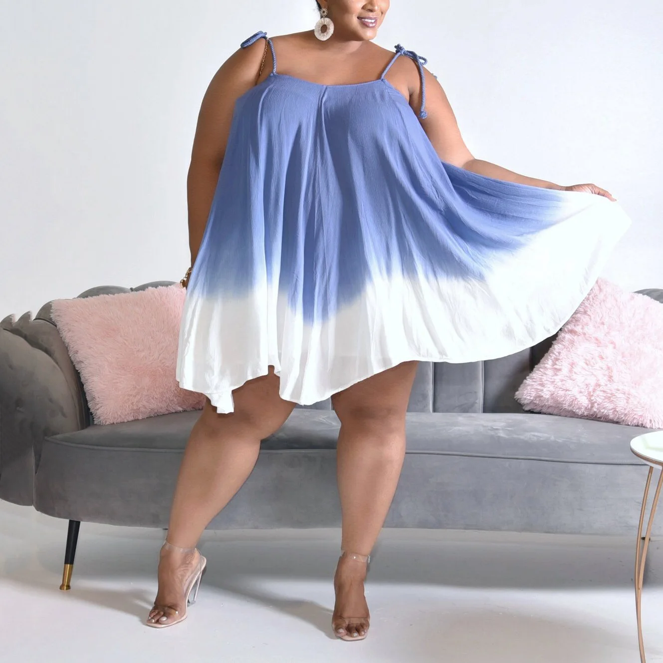 

2021 New Spaghetti Strap Loose Dress Blue Printed Big Size 4xl 5xl Women Fat Large Fashion Evening Party Night Dinner Vestidos