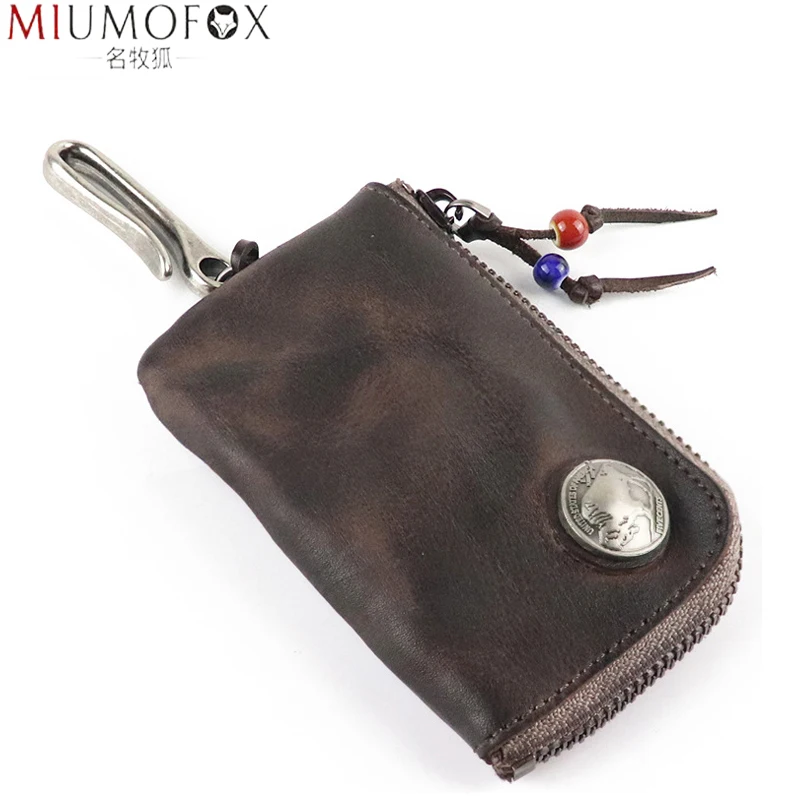 

Кошелек для ключей из натуральной кожи для мужчин, мужской короткий винтажный держатель для ключей ручной работы на молнии для автомобиля, ...