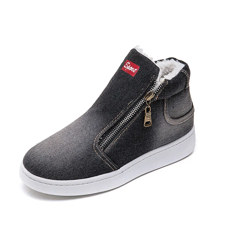 

Winter New Student Snow Boots Female Denim Side Zipper High Top Plus Velvet Cotton Shoes Women Canvas Shoes Shoes Woman Designer