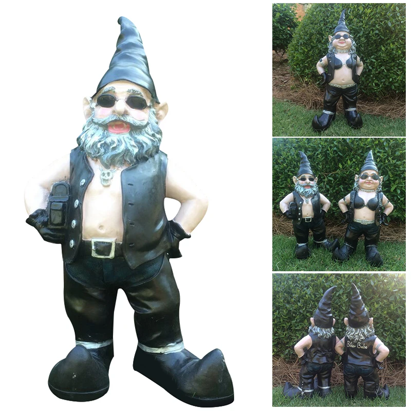 

Newly Gnomes Biker Dude & Babe Motorcycle Gnome Garden Biker Gnome Couple Statues Resin 16cm