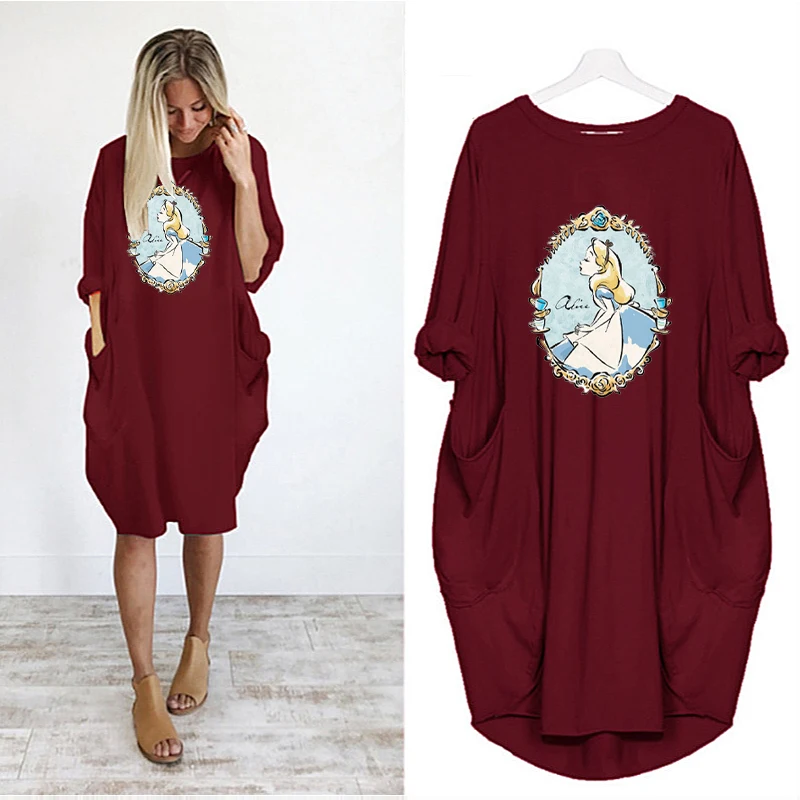 

Disney Alice Long Sleeve Women Loose Midi Dresses Autumn Cartoon Print Sundress Beach Dress Pockets Robe Femme Red Streetwear