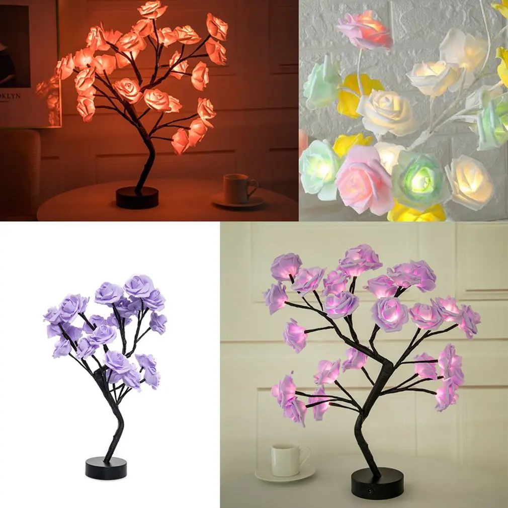 

LED Table Lamp Lights Rose Flower Tree USB Night Lights Simulation Rose Flower With Branch Lights Home Decoration