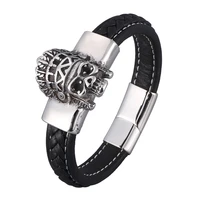 fashion black braided leather bracelets men indian skull stainless steel magnet clasp punk wristband male jewelry gift sp0929