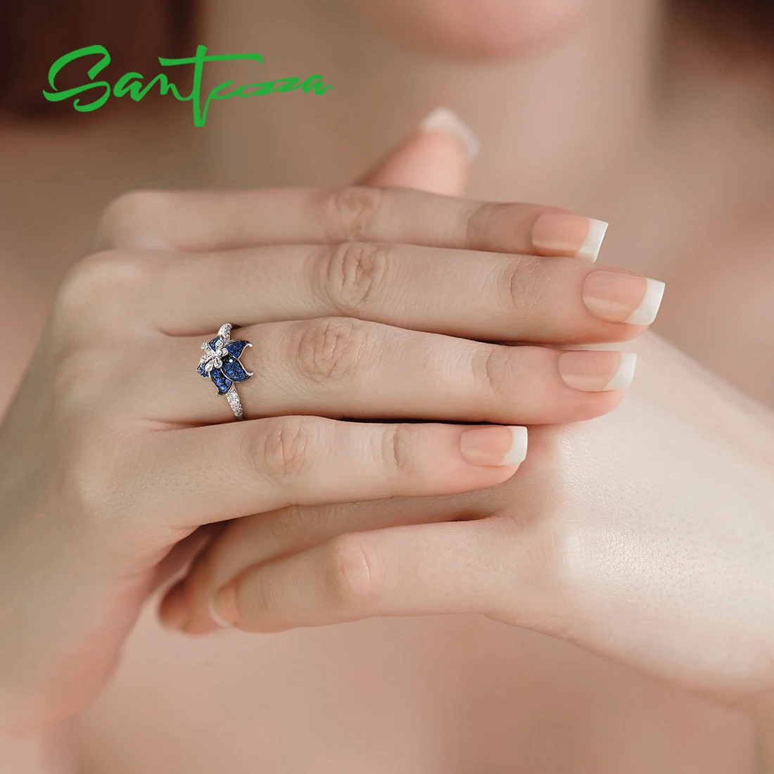 SANTUZZA Silver Ring For Women 925 Sterling Blooming Flower Blue Pink White Cubic Zirconia anillos Party Fine Jewelry | Украшения и